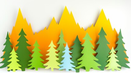 Obraz premium Colorful paper art forest and mountains. A creative panoramic paper art of a forest with bright colored trees against white mountains and a backdrop. Great for christmas postcard design inspiration