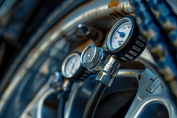Tire Pressure Gauge on Motorcycle Close-up