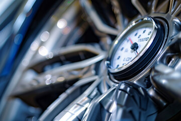 Fototapeta na wymiar Tire Pressure Gauge on Motorcycle Close-up