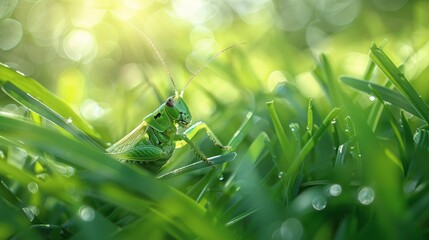 Grasshopper Resting on Lush Green Field