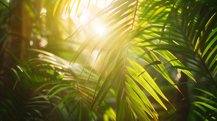 Close up portrait of sunlight passing through palm leaves, tropical background with warm sunlight and green nature