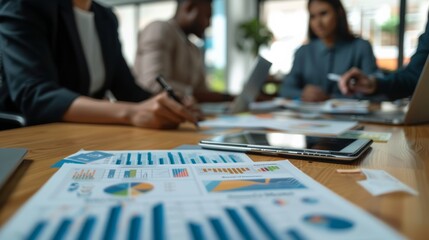 Fototapeta premium Collaboration, technology and workers with research or financial strategy paper in company.