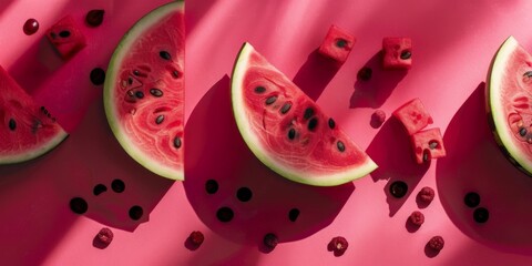 Group of watermelon slices on pink surface