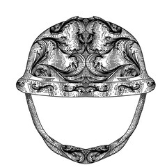 Soldier Helmet Illustration with Engraving Styles in Black and White