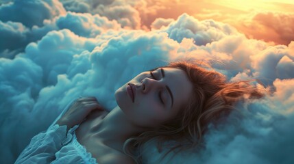 The close up picture of the caucasian female human that laying down for sleeping on the sea of the cloudscape that act like pillow that look fluffy and soft at the bright sky of the daytime. AIGX03.