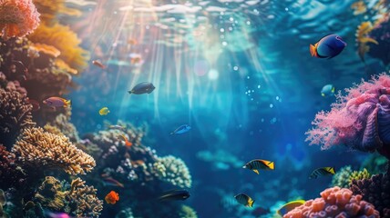 Fototapeta na wymiar Mystical underwater scene with colorful fish - A mesmerizing underwater scene filled with various fish amongst colorful coral with beams of light