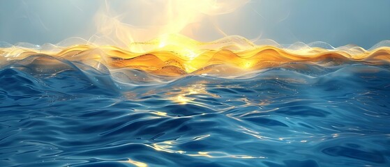 Ethereal Ocean Waves in Blue and Gold Hue Harmony. Concept Ocean Landscapes, Blue and Gold Photography, Ethereal Waves, Sea-inspired Color Palette - obrazy, fototapety, plakaty