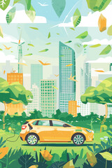 Obraz na płótnie Canvas Eco-friendly business travel, electric vehicles, ride-sharing, and carbon offsetting for sustainable transportation illustrations