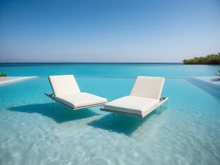 Fototapeta na wymiar Two lounge chairs gently float in a serene pool of crystal-clear water design.