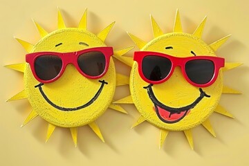 A pair of cheerful sun crafts with big smiles are adorned with red sunglasses, creating a playful and sunny scene against a uniform yellow backdrop