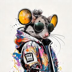 A Cute mouse  Wear a student team jacket  Wearing sunglasses, illustration