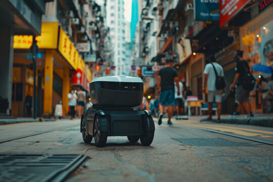 Fototapeta Autonomous Delivery Robot on City Sidewalk