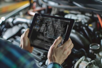 Hands holding a tablet with ar diagnostic software overlay on a car engine