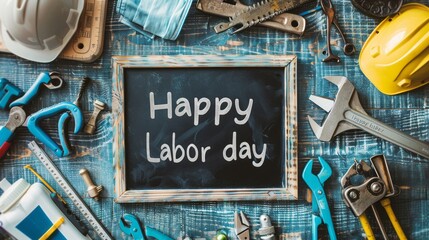 Happy Labor Day message on blackboard with blue and yellow tools. Labor Day concept