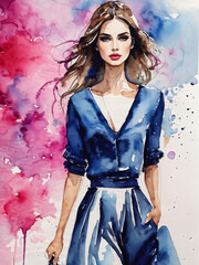 Watercolor elegant girl fashion illustration in blue colors, fashion girl. Young woman illustration for web, poster, print, fashion concept. 