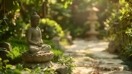 Buddha statue on pathway in lush garden with dappled sunlight. Mindfulness and garden design concept