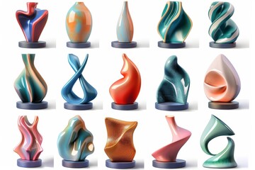 Colorful abstract sculptures set illustration. A vibrant collection of various abstract sculptures, presented with a lively color palette and dynamic shapes capturing attention - obrazy, fototapety, plakaty