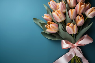 a bouquet of tulips wrapped with a ribbon on a dark blue background with copy space, Mother's Day concept