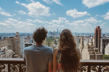 Caucasian couple enjoying the stunning view of the new york city skyline from a high vantage point - Powered by Adobe