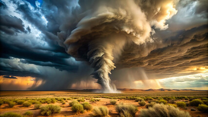 Majestic rays of sunlight filter through an enormous, dramatic storm cloud that appears to be twisting down to the barren landscape below. AI generated.