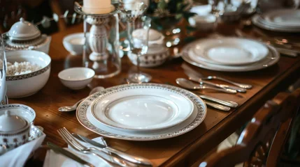 Fototapeten Table featuring tableware, dishware set on top © brillianata
