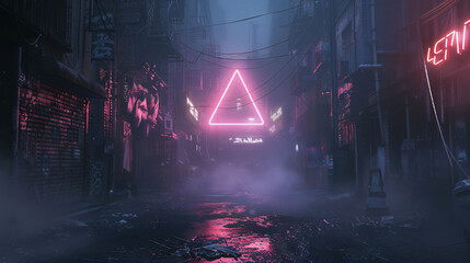 Hyperrealistic dark city scene with striking neon triangle illumination. Perfect for futuristic or urban-themed projects.