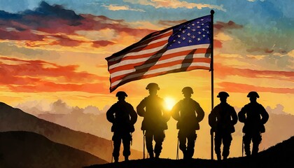 silhouette of soldiers and the US flag