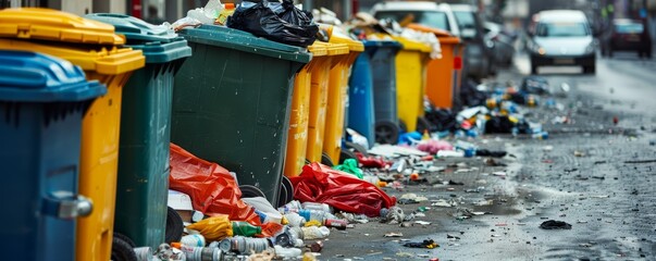 Urban Street Overflow with Garbage and Plastic Waste on Rainy Day - obrazy, fototapety, plakaty