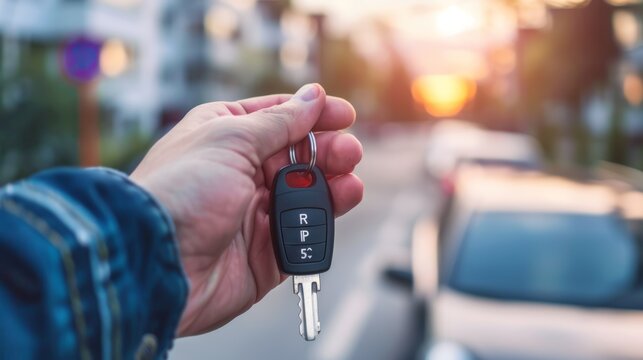 Hand holding car key with remote control. Selective focus photography with sunset and car background.