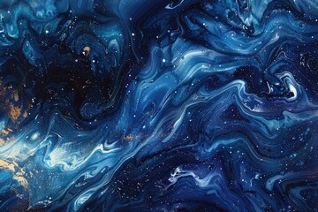 Blue and gold marble abstract fluid art - This image depicts swirling blue and gold patterns, evoking a sense of luxury and movement - obrazy, fototapety, plakaty