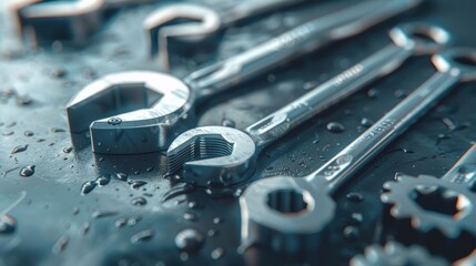 Assorted metal wrenches and cogs on a wet surface. Detailed view of mechanical tools with water droplets.