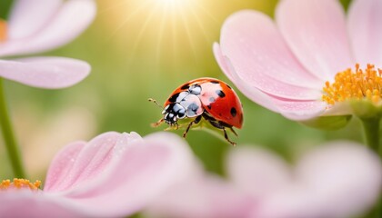A vibrant ladybug explores the soft petals of pink blossoms, a scene full of life and the simple beauty of nature.. AI Generation