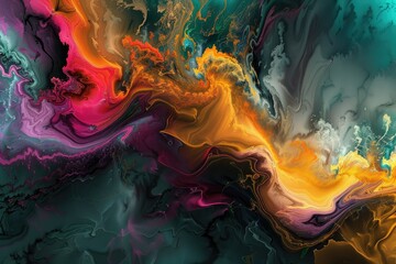 Vivid abstract art with swirls of color - This dynamic abstract artwork captivates with its vibrant swirls of orange, pink, and teal, suggesting a sense of flow and motion - obrazy, fototapety, plakaty