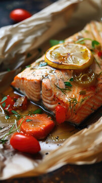 Baked Salmon Fillet with Vegetables Close-Up - The image showcases a perfectly baked salmon fillet, garnished with lemon, herbs, and surrounded by fresh vegetables, highlighting the dish's succulence