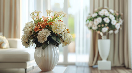 Fresh bouquet of flowers in a vase in the interior of a cozy new living room