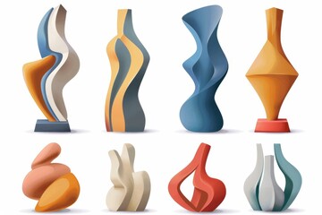 Colorful abstract sculptures set illustration. A vibrant collection of various abstract sculptures, presented with a lively color palette and dynamic shapes capturing attention