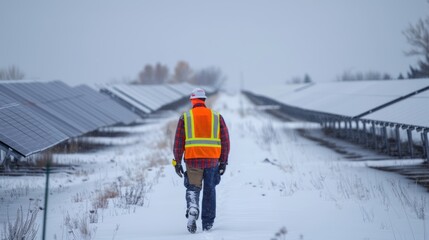 Engineer in high visibility jacket walking in snow-covered solar farm. Winter renewable energy concept.