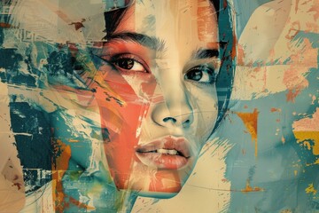 Vibrant contemporary abstract pop art portrait of a charming young woman with bold colors and...