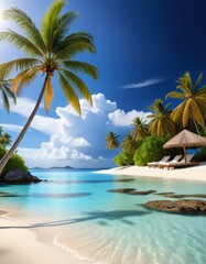 A serene beach scene with crystal-clear turquoise waters, white sand, and swaying palm trees on a perfect sunny day, epitomizing a peaceful retreat.. AI Generation