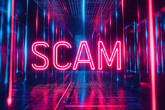 Neon SCAM sign in a vibrant futuristic data tunnel.