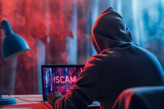 Hooded figure engaging in online scamming activities on laptop at night