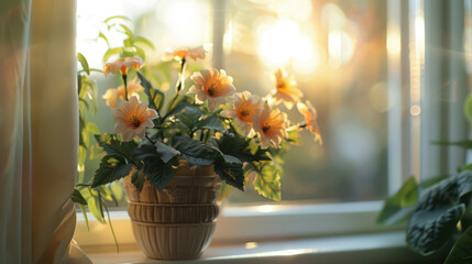 A blooming houseplant in a flowerpot decorates a window sill