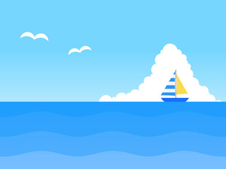 グラデーション空と海とヨットとカモメと入道雲背景A：青 - obrazy, fototapety, plakaty