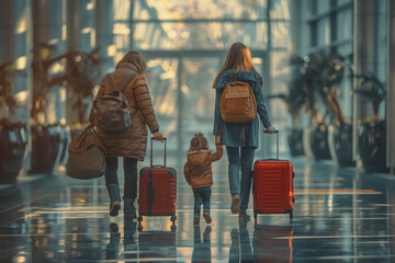 Woman and Two Children Walking Through Airport