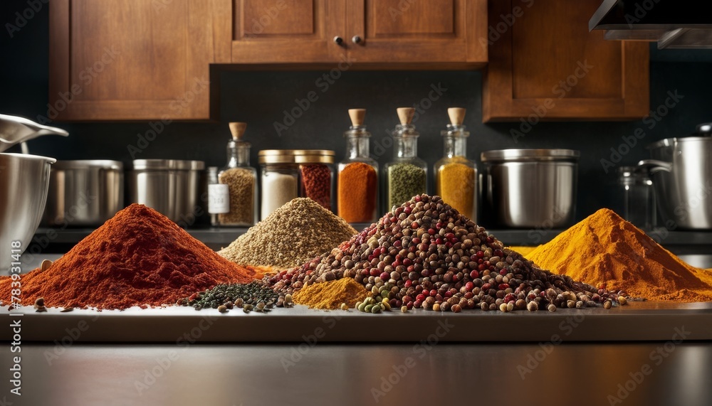Poster a vibrant array of spices displayed in mounds, offering a feast for the senses and essential flavors