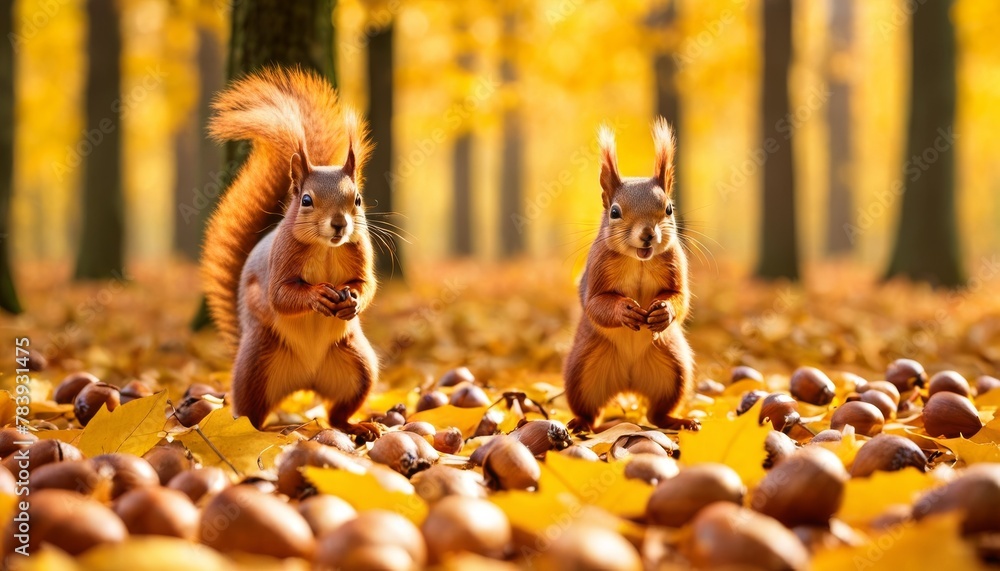 Poster twin squirrels enjoy an autumn feast, adorably synchronized in their actions amidst a golden carpet 