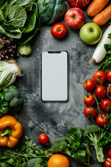 Cell Phone Surrounded by Vegetables and Fruits