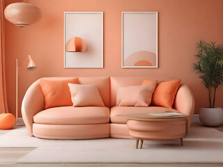 Peach fuzz interior room color 2024 year. A pastel wall accent paint background. Apricot salmon orange shades of room interior design. White gray luxury furniture sofa and tan pillows. 3d render