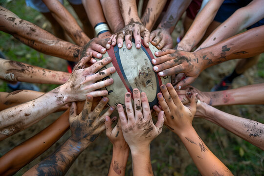 Group of People Holding Rugby Ball in Circle