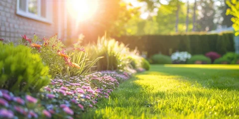 Zelfklevend Fotobehang Geel A manicured lawn next to a beautiful house and a flower bed with bushes illuminated by the natural light of the morning sun in the background of a bright residential backyard